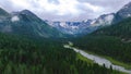 Multa mountain river in Altai, mountains in white clouds, drone view Royalty Free Stock Photo