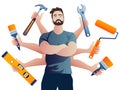 Multi-armed Builder repairman. Technical service vector illustration.