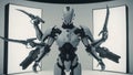 Multi Armed Futuristic Robot Holding Dangerous Weapons in Bright Studio Setting Royalty Free Stock Photo