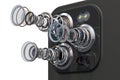 Multi-camera smartphone. Disassembled smartphone cameras, modern lens of smartphone cameras structure. 3D rendering Royalty Free Stock Photo