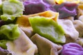 Multi color dumplings close up