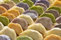 Multi color dumplings close up