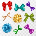 Multi-color gift bows. Red, blue and gold, pink silk ribbon bow for christmas, birthday present and wedding card