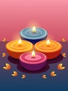 Multi Color Illuminated Oil Lamps( Diya) on Beautiful Golden Leaves Rangoli Background. Diwali Celebration