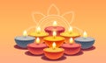 Multi Color Illuminated Oil Lamps( Diya) on Beautiful Yellow Mandala Floral Rangoli Background. Diwali Celebration Card