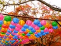 Multi color paper lanterns under the fall foliage in an old temple