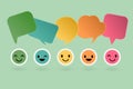 smiling face with blank speech bubbles on green background. For people communication, talking , discussion,