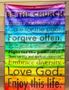Church banner on wall with Christian principles
