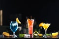 Multi-colored alcoholic cocktails with citrus in glasses of different shapes on the bar. Royalty Free Stock Photo