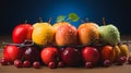 Multi-colored apples with drops of water on the skin, arranged on the table. Generative AI Royalty Free Stock Photo