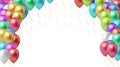 Multi-colored balloons horizontal background. An arch of glossy helium balls with space for text on a white background. Rasterized