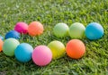 Multi-colored balls are laid out on green grass. Soft daylight. Royalty Free Stock Photo