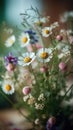 Multi-colored beautiful wildflowers bloom on a green meadow. Warm summer evening. Generative AI Royalty Free Stock Photo