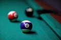 Multi-colored billiard balls on a green table surface. Close-up Royalty Free Stock Photo