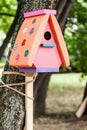 multi-colored birdhouse on the tree