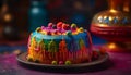 Multi colored birthday cake with chocolate and fruit generated by AI