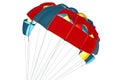 Multi-colored blue red yellow color of an isolated parachute with slings with strong ropes, the parachute is open due to the flow