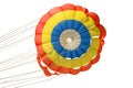 Multi-colored blue red yellow color of an isolated parachute with slings with strong ropes, the parachute is open due to the flow