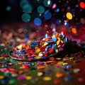 Multi-colored bright confetti on a backdrop with bokeh effect. Abstract glamour texture for holiday party. Generated Ai