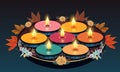 Multi Colored Burning Diya (Oil Lamp) with Leaves Decorated Background. Used as a Elegance Diwali Celebration Card