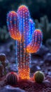 neon cactus on dark background. multi-colored cactus with neon bright heads. vertical orientation