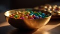 Multi colored candy bowl on wood table, sweet indulgence celebration generated by AI