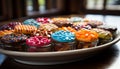 Multi colored candy on a plate, a sweet indulgence generated by AI