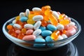 Multi-colored capsules, tablets, dragees and vitamins in a glass plate on a black background Royalty Free Stock Photo