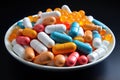 Multi-colored capsules, tablets, dragees and vitamins in a glass plate on a black background Royalty Free Stock Photo