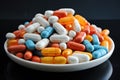 Multi-colored capsules, tablets, dragees and vitamins in a glass plate on a black background Royalty Free Stock Photo