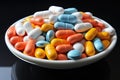 Multi-colored capsules, tablets, dragees and vitamins in a glass plate on a black background Royalty Free Stock Photo