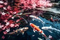Multi-colored carp swimming in a Japanese pond. Generative AI Royalty Free Stock Photo