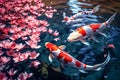 Multi-colored carp swimming in a Japanese pond. Generative AI Royalty Free Stock Photo