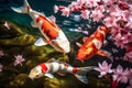 Multi-colored carp swimming in a Japanese pond. Generative AI Royalty Free Stock Photo