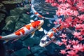 Multi-colored carp swimming in a Japanese pond. Generative AI Royalty Free Stock Photo