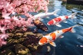 Multi-colored carp swimming in a Japanese pond. Generative AI Royalty Free Stock Photo