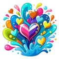 Multi-colored cartoon drops of splashes fly to the sides. Heart-shaped drops. In the middle of the drops there is a large heart Royalty Free Stock Photo