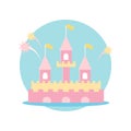 Multi-colored castle with three towers..Vector illustration. Fairy-tale subjects and characters. Objects on a colored