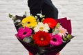 Multi-colored chamomile bouquet. bright colorful flowers in package