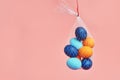 multi-colored chicken eggs in bag mesh hang on pink background. easter Royalty Free Stock Photo