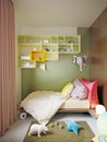 A multi-colored children`s room with a bed and a desk, a variety of designer toys and decor. Green, light green, brown, white Royalty Free Stock Photo