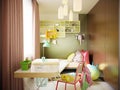 A multi-colored children`s room with a bed and a desk, a variety of designer toys and decor. Green, light green, brown, white Royalty Free Stock Photo