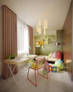 A multi-colored children`s room with a bed and a desk, a variety of designer toys and decor. Green, light green, brown, white Royalty Free Stock Photo