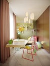 A multi-colored children`s room with a bed and a desk, a variety of designer toys and decor. Green, light green, brown, white Royalty Free Stock Photo