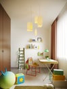 A multi-colored children`s room with desk, a variety of designer toys and decor. Green, light green, brown, white Royalty Free Stock Photo