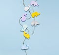 Multi-colored childrens wooden toys in the form of elephants and whales. Organic Natural Toys for Children and Babies, handmade to