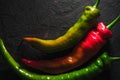 Multi-colored chili pepper on a gray table close-up Royalty Free Stock Photo