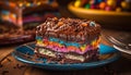 Multi colored chocolate cake slice on wooden plate generated by AI