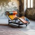 Multi-colored classic chaise-longue chair in a room with grungy concrete wall and window. Colorful lounge chair. Generative AI Royalty Free Stock Photo