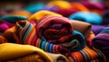 Multi colored clothing in a stack, vibrant patterns, close up view generated by AI